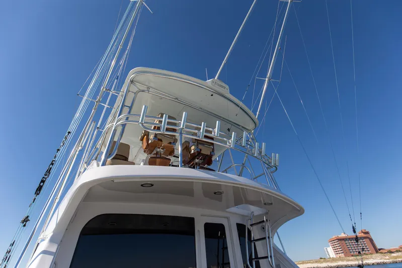 Blacksmith Yacht Photos Pics 2008 Hatteras 60 Convertible yacht with blue sky background.