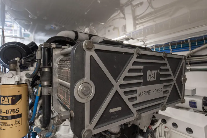 Blacksmith Yacht Photos Pics Engine room of 2008 Hatteras 60 Convertible with CAT Marine Power components.