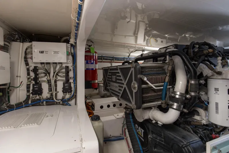 Blacksmith Yacht Photos Pics Engine room of 2008 Hatteras 60 Convertible yacht with CAT marine power system.