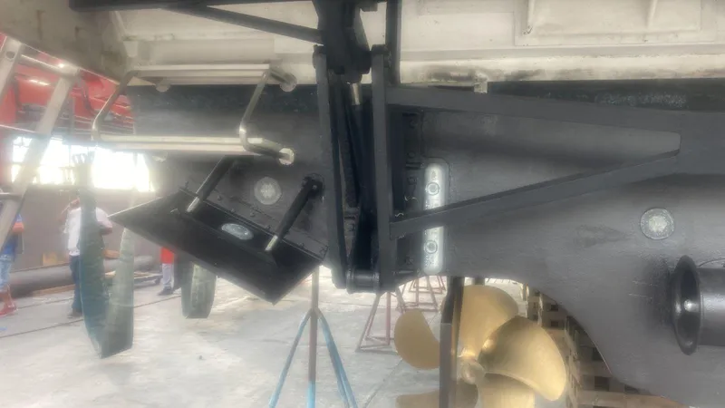 Capricho II Yacht Photos Pics Close-up of the 2011 Sunseeker Manhattan 70 yacht's propeller and rudder system.