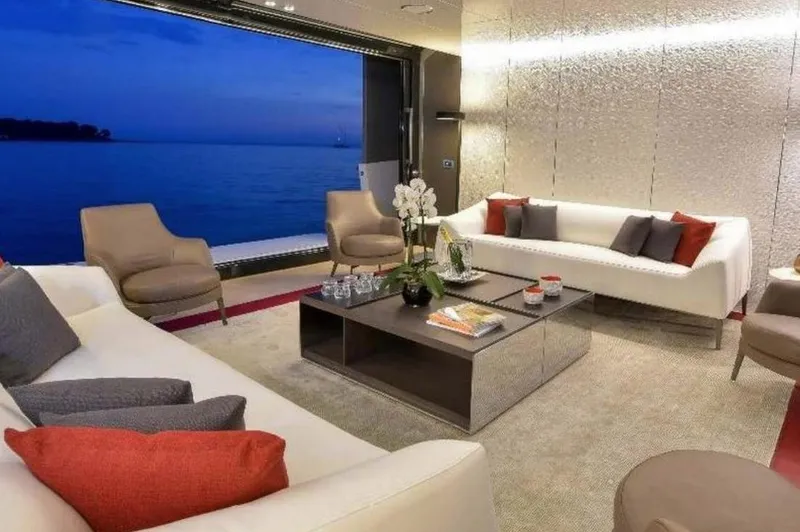  Yacht Photos Pics Luxurious interior of 2017 Arcadia Yachts 100 with ocean view at dusk.