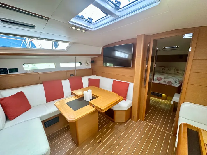 Serendipity Yacht Photos Pics Interior of 2014 Jeanneau Sun Odyssey 469 yacht with cozy seating and modern design.