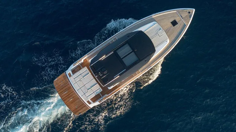 Grace Yacht Photos Pics 2023 Pardo Yachts GT52 cruising on open water, aerial view.