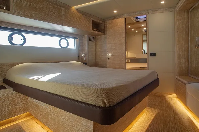 Grace Yacht Photos Pics Luxurious bedroom interior of 2023 Pardo Yachts GT52 with modern design and ambient lighting.