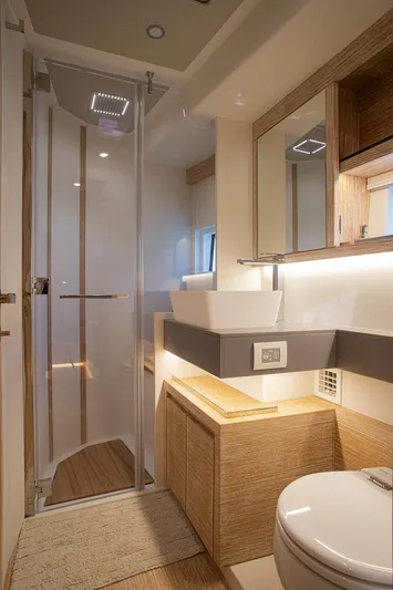 Grace Yacht Photos Pics Luxurious bathroom interior of 2023 Pardo Yachts GT52, featuring modern fixtures and elegant design.