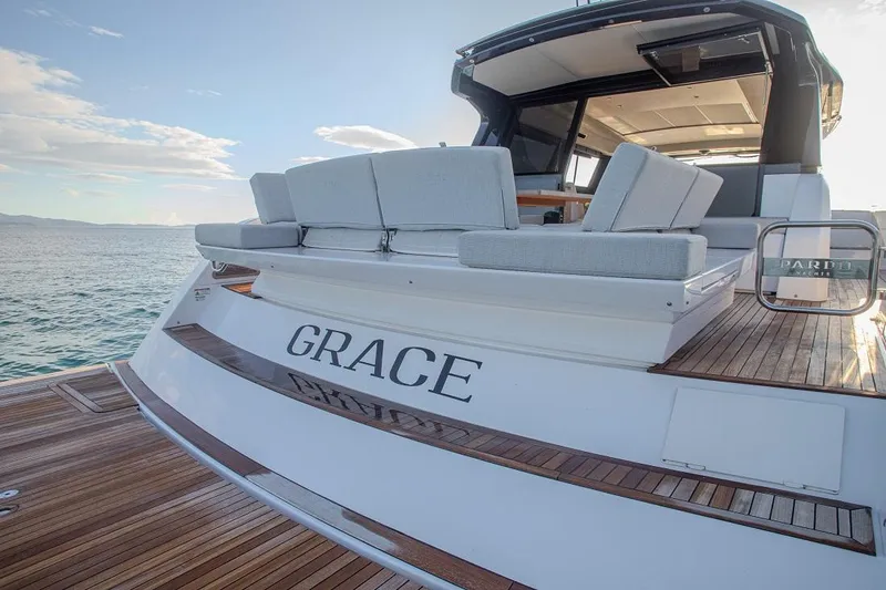 Grace Yacht Photos Pics 2023 Pardo Yachts GT52 luxury yacht with elegant deck seating and ocean view.