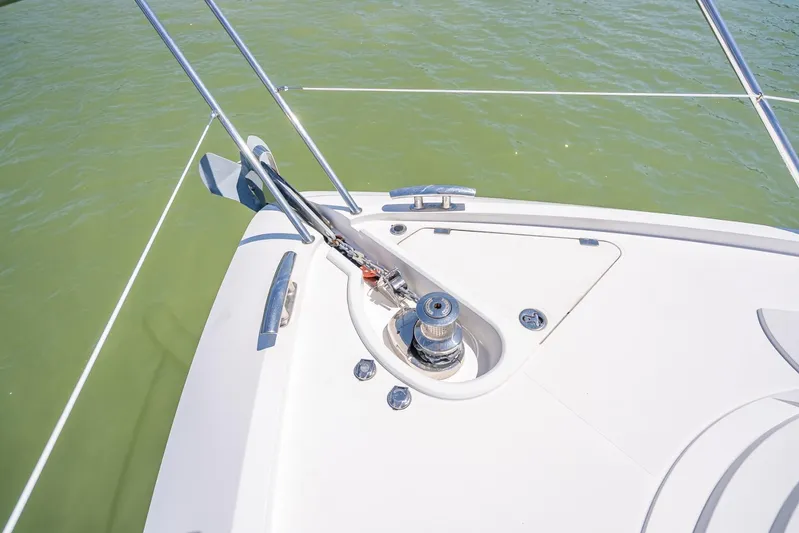 Midnight Oil Yacht Photos Pics Bow of 2018 Sunseeker Predator 57 yacht with anchor and winch system.