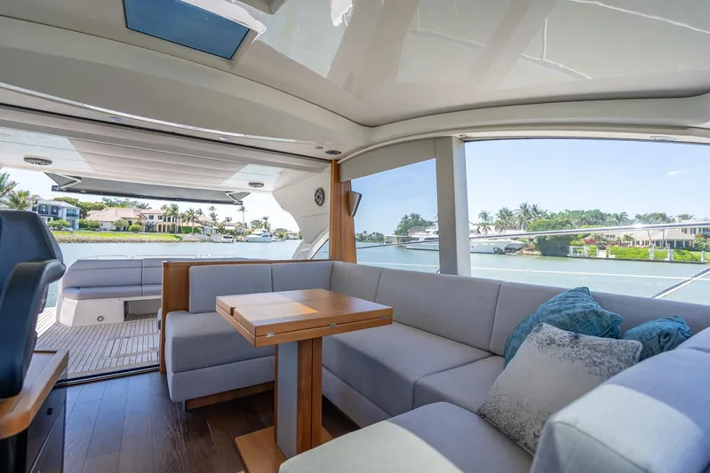 Midnight Oil Yacht Photos Pics Luxurious interior of 2018 Sunseeker Predator 57 yacht with scenic waterfront view.