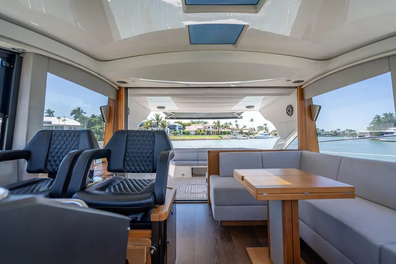 Midnight Oil Yacht Photos Pics Luxurious interior of 2018 Sunseeker Predator 57 yacht with seating and scenic view.