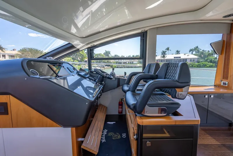 Midnight Oil Yacht Photos Pics Interior helm of 2018 Sunseeker Predator 57 yacht with luxurious seating and control panel.