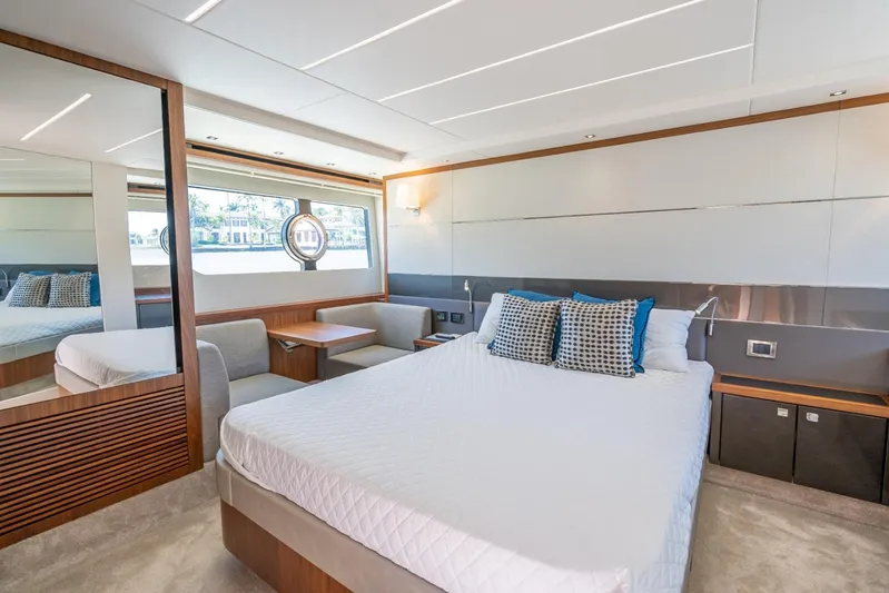 Midnight Oil Yacht Photos Pics Luxurious interior of 2018 Sunseeker Predator 57 yacht with elegant bedroom design.