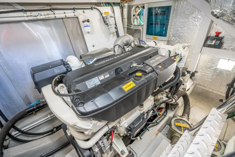 Midnight Oil Yacht Photos Pics Engine room of 2018 Sunseeker Predator 57 yacht with Volvo Penta IPS 950 engine.