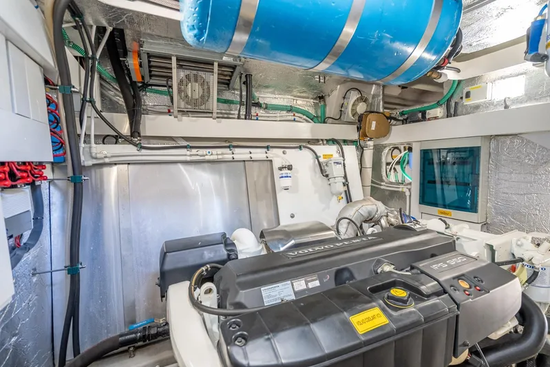 Midnight Oil Yacht Photos Pics Engine room of 2018 Sunseeker Predator 57 yacht with Volvo Penta engine.