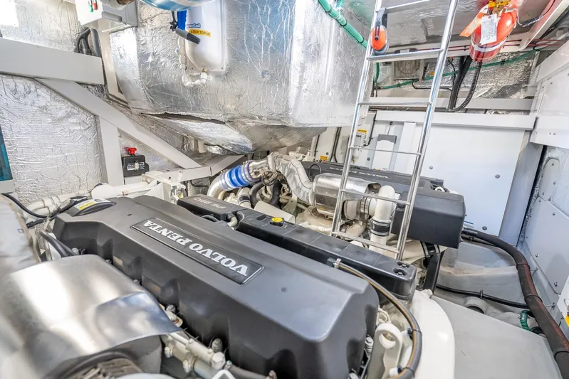 Midnight Oil Yacht Photos Pics Engine room of 2018 Sunseeker Predator 57 yacht with Volvo Penta engines.