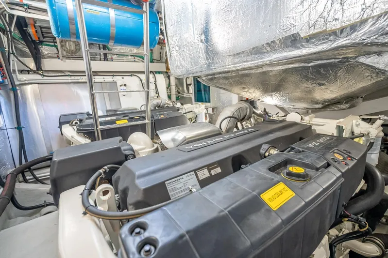 Midnight Oil Yacht Photos Pics Engine room of 2018 Sunseeker Predator 57 yacht with Volvo Penta engines.