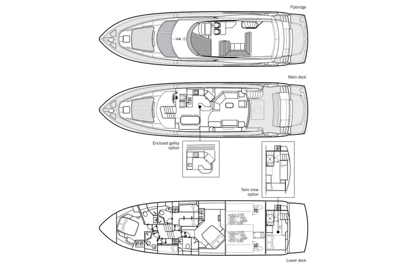  Yacht Photos Pics Floor plan of 2012 Sunseeker Manhattan 70 yacht, showing flybridge, main, and lower decks.