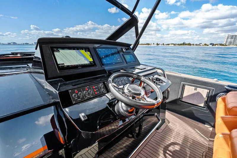 La Do&ntilde;a Yacht Photos Pics Cockpit of 2023 Pardo Yachts 50, featuring modern navigation systems and luxurious seating.