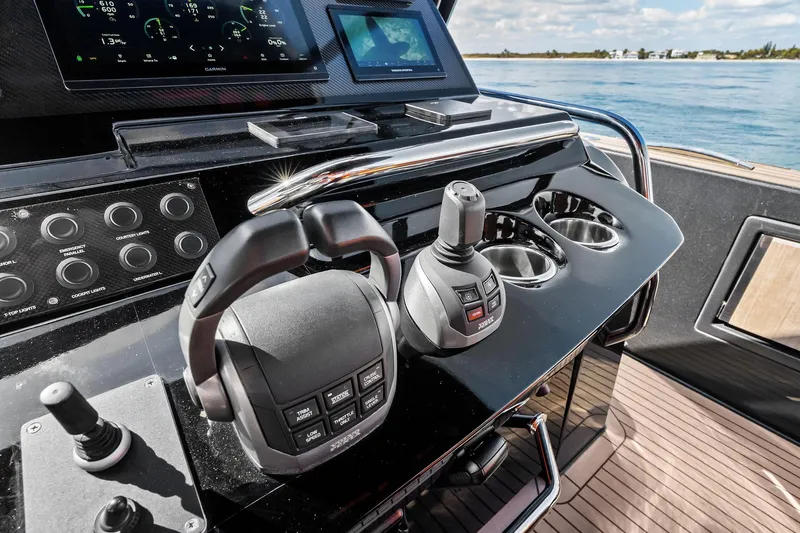 La Do&ntilde;a Yacht Photos Pics 2023 Pardo Yachts 50 helm with advanced controls and navigation display.