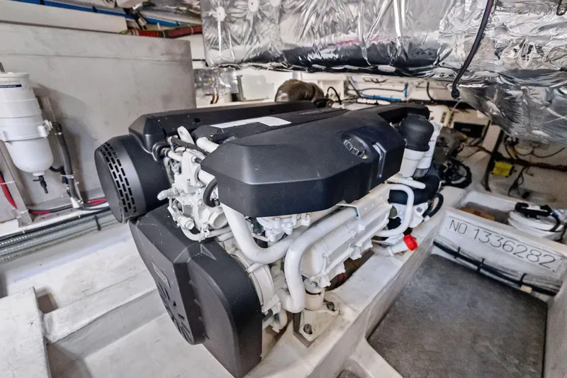 La Do&ntilde;a Yacht Photos Pics Engine room of 2023 Pardo Yachts 50, showcasing modern marine engine components.