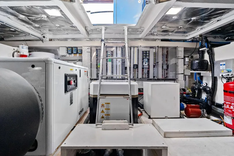 La Do&ntilde;a Yacht Photos Pics Engine room of 2023 Pardo Yachts 50, featuring modern equipment and safety gear.