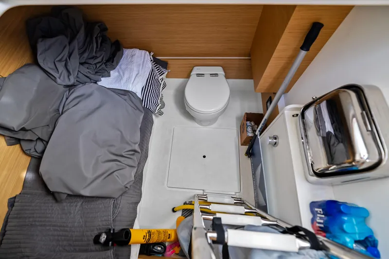 La Do&ntilde;a Yacht Photos Pics 2023 Pardo Yachts 50 interior bathroom with modern amenities and storage space.