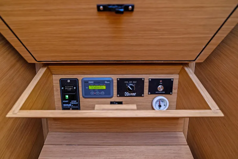 La Do&ntilde;a Yacht Photos Pics Control panel of 2023 Pardo Yachts 50, featuring Kohler Power Systems and Climar controls.