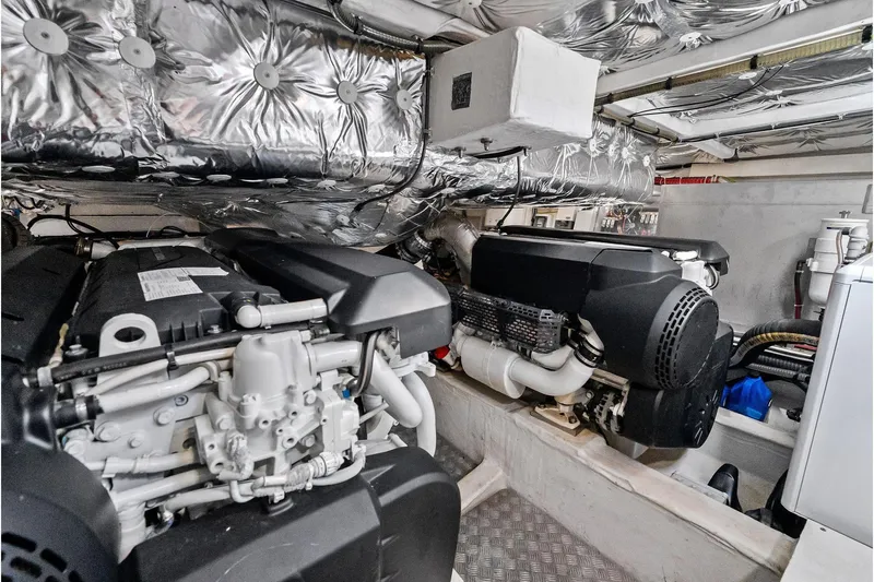 La Do&ntilde;a Yacht Photos Pics Engine room of 2023 Pardo Yachts 50, featuring advanced machinery and insulation.