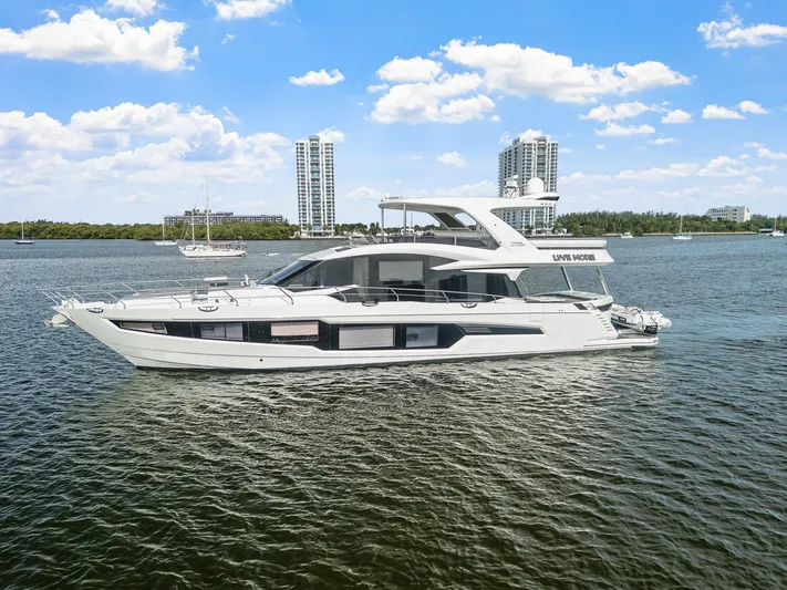 Live More Yacht Photos Pics 2021 Galeon 680 Fly yacht cruising on a sunny day with cityscape background.