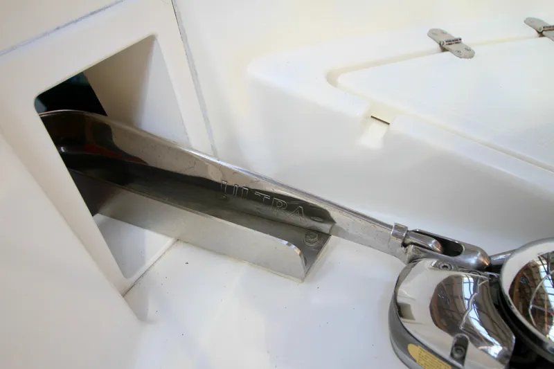  Yacht Photos Pics Anchor system on 2011 Fathom Element 43 boat, featuring a polished metal design.