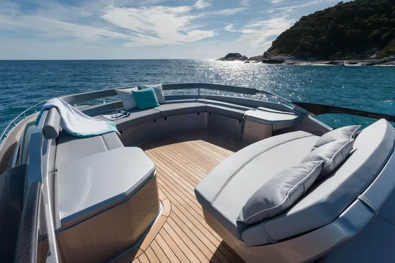  Yacht Photos Pics Luxurious 2017 Riva 76' Perseo yacht deck with ocean view and elegant seating.