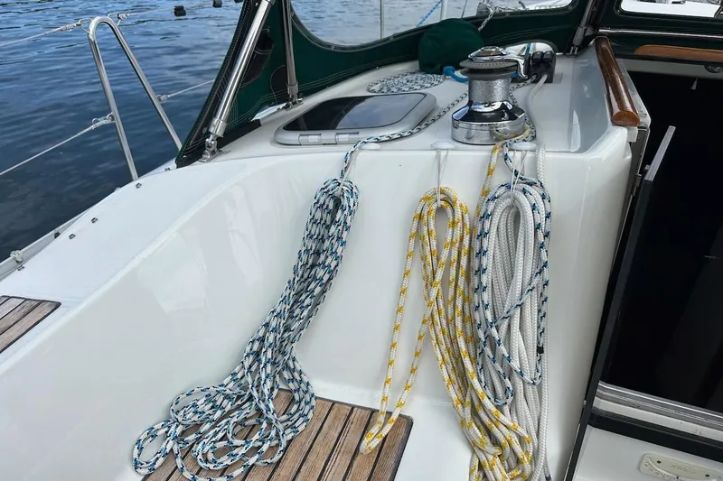 Tina C Yacht Photos Pics Beneteau 361 sailboat deck with ropes and winch, 2001 model.