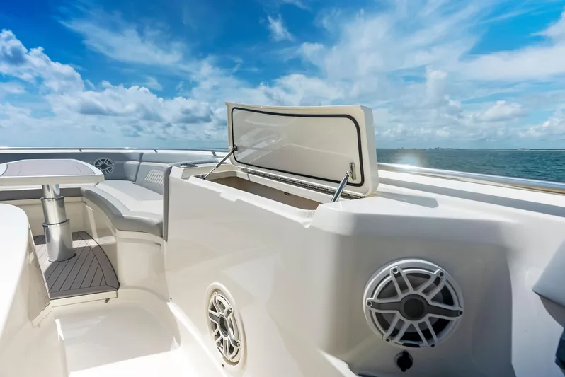 Bottom Line Yacht Photos Pics 2022 Scout LXF boat interior with open storage, speakers, and ocean view.
