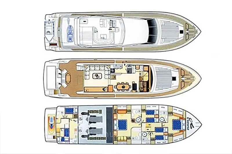  Yacht Photos Pics Floor plan of a 2003 Ferretti Yachts 760, showcasing three detailed levels.