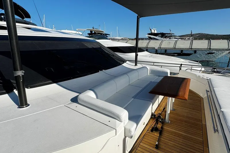  Yacht Photos Pics Luxurious 2008 Princess V85 yacht with elegant deck seating and wooden table.