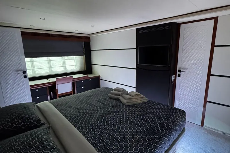  Yacht Photos Pics Luxurious bedroom interior of 2008 Princess V85 yacht with modern decor and amenities.