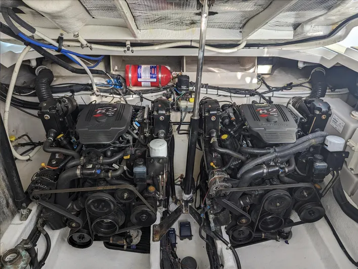 Yacht Photos Pics Engine room of a 2008 Sea Ray 330 Sundancer with dual engines and fire extinguisher.