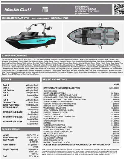  Yacht Photos Pics 2025 MasterCraft XT23 boat brochure with specifications, pricing, and color options.