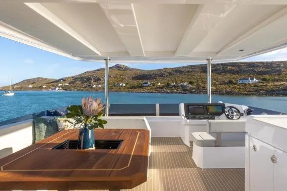  Yacht Photos Pics Luxurious 2023 Leopard 46 Powercat yacht interior with scenic ocean view.