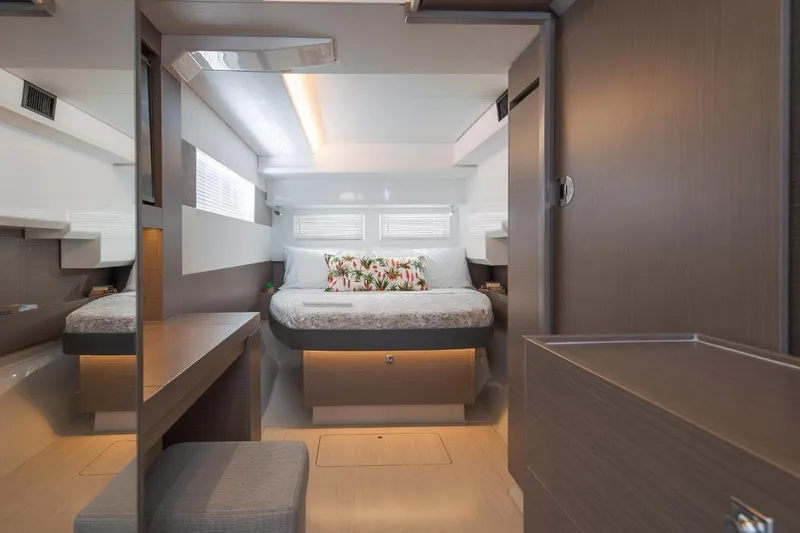  Yacht Photos Pics Luxurious interior of 2023 Leopard 46 Powercat with modern bedroom design.