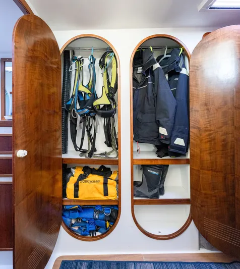 Nogal Yacht Photos Pics Storage closet on 2009 Chris White Atlantic 57 yacht with sailing gear and equipment.