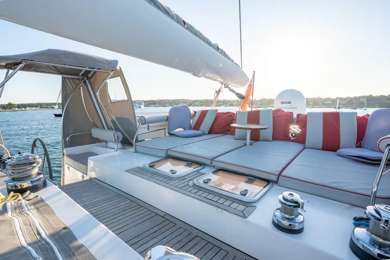 Tehiya Yacht Photos Pics Luxurious 2009 Privilege 615 yacht deck with comfortable seating and scenic ocean view.