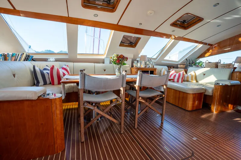 Tehiya Yacht Photos Pics Luxurious 2009 Privilege 615 yacht interior with elegant seating and striped cushions.