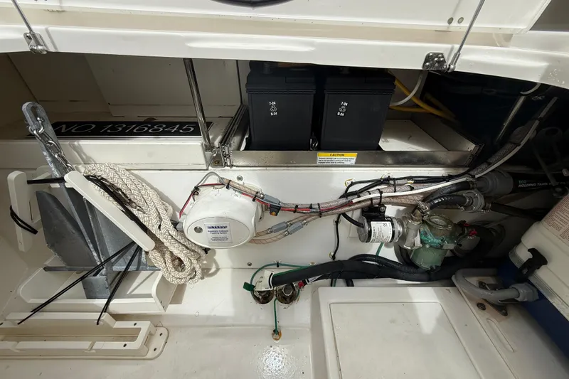  Yacht Photos Pics 2019 Pursuit DC 365 Dual Console boat interior showing equipment and wiring.