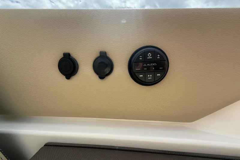  Yacht Photos Pics Control panel on 2019 Pursuit DC 365 Dual Console boat with JL Audio system.