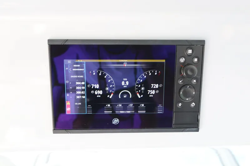 Alegria Yacht Photos Pics Dashboard display of a 2021 Yellowfin 54 Offshore boat showing engine metrics.