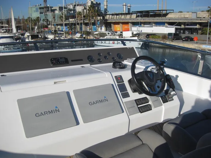  Yacht Photos Pics Helm of 2015 Fairline Squadron 65 yacht with Garmin navigation system.