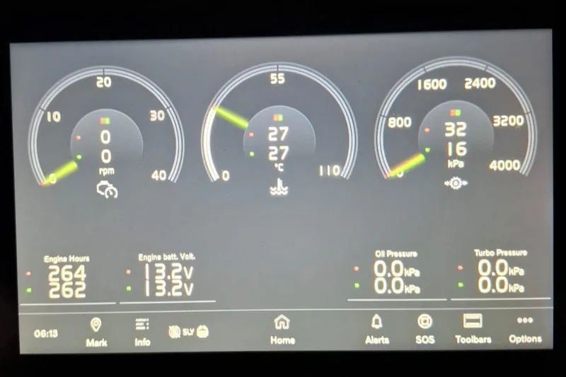 Nabu Yacht Photos Pics Dashboard display of 2023 SACS Strider 15 showing engine metrics and gauges.