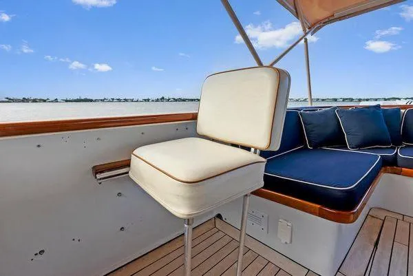 Chanticleer Yacht Photos Pics Vintage 1973 Burger 310C yacht interior with cushioned seating and scenic water view.