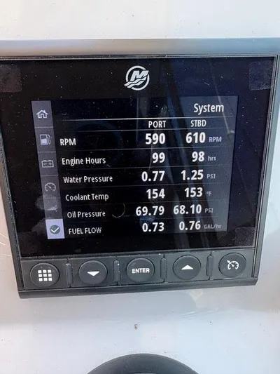 My Angel Yacht Photos Pics Digital display showing engine metrics for 2023 Beneteau Gran Turismo 32 yacht.