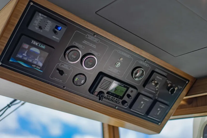 Nordhavn 41 Yacht Photos Pics Control panel of 2023 Nordhavn 41 yacht with navigation and monitoring systems.